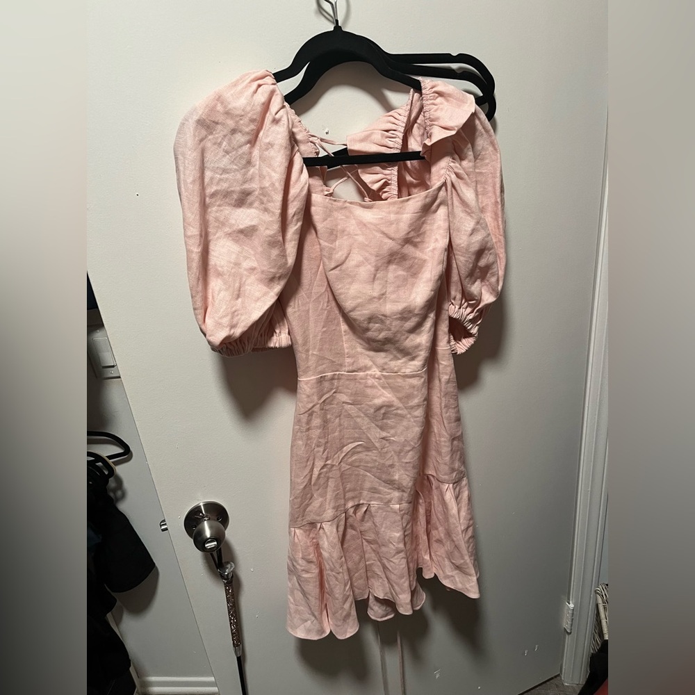 Vicky Tcherassi pink linen mini dress puff sleeve lace back ruffle off shoulder